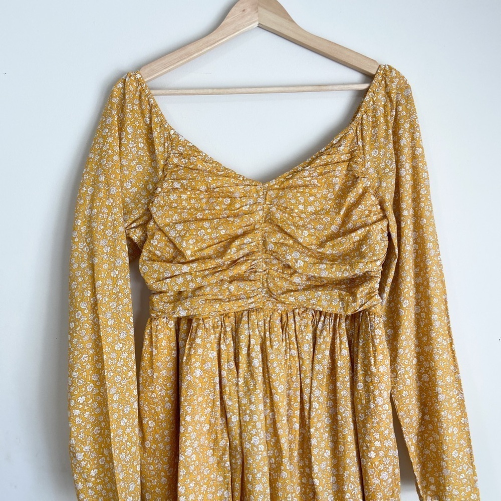 American Eagle Mustard Yellow Floral Ruched Dress - Picture 2 of 7